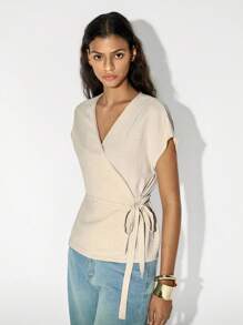 Lumivelle Damen Sommer Casual Chiffon Crossover Krawatte Schulter Kurzarm Shirt Wrap Tops Für Frauen Vorne Krawatte Top