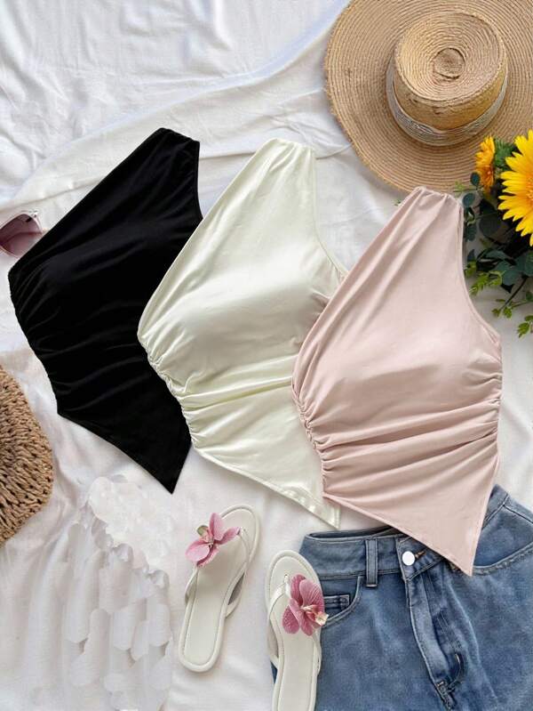 SHEIN PETITE paquete de 3 piezas de tops de tirantes asimétricos en rosa, negro y albaricoque para mujer, adecuados para el verano