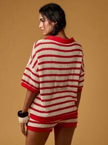 MISSGUIDED 复古风格条纹针织 Polo 短裤家居服休闲海滩夏季度假两件套度假服 - 彩色 - 查看 2