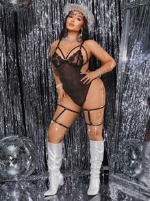 2pcs Rhinestone Chain Leg Garters, Charming And Sexy Accessory For Plus Size Lingerie, Black And Silver Plus Size Garter Belts Rhinestone Garter Belts - Black - View 4