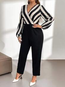 Firerie Plus Block Striped Surplice Neck Lantern Sleeve Jumpsuit