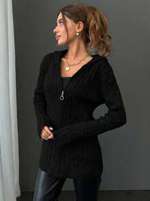 EURMUSE Cardigan With Hoodie Detail And Black Everyday Autumn Casual - Black - View 2