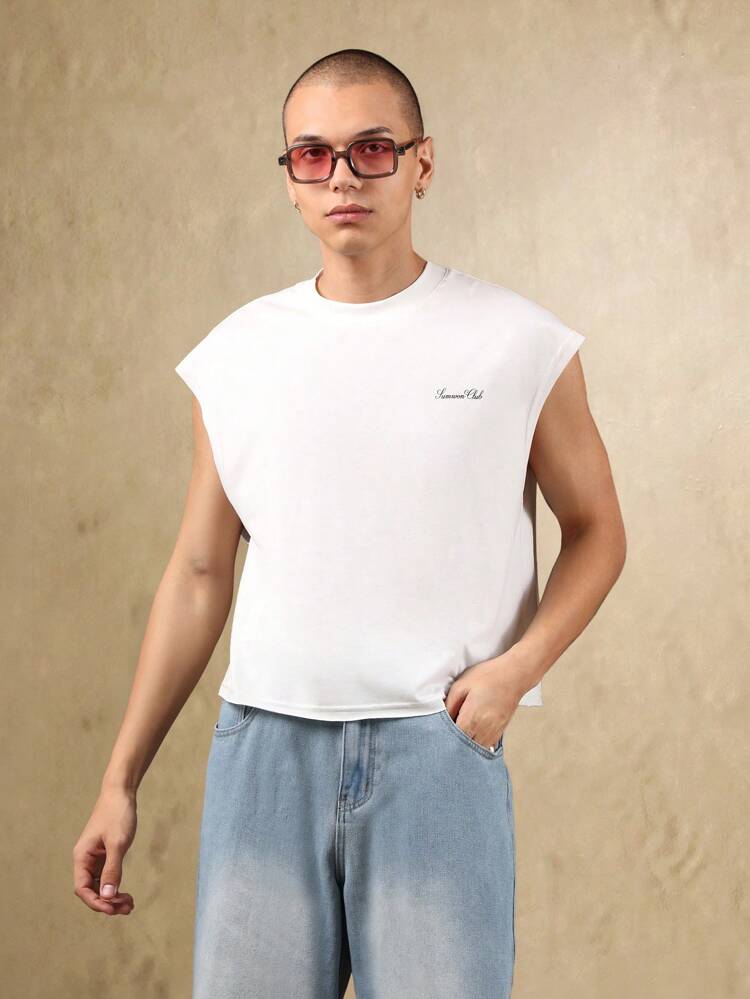 레몬 프린트가 있는 남성용 로우 엣지 크롭 길이 머슬 탱크 탑