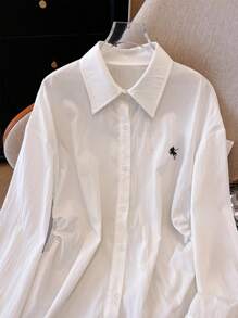 INAWLY 港式甜美时尚抽绳设计刺绣小马Polo领长袖不对称衬衫，全新秋季系列 - 白色 - 查看 3