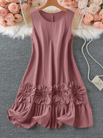 SHEIN LUNE Vestido casual com gola redonda e sem mangas, em cor sólida, com decoração floral, para verão, em tamanhos grandes para mulheres