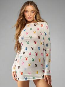 Missguided x Playboy Long Sleeve Mini Dress Iconic Bunny Print Party Evening Fashion Winter Graphic Print Y2k Style Retro Design Mesh Detail Party Club Dress - Multicolor - View 2
