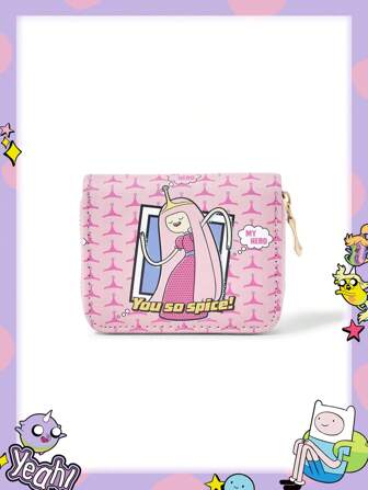 Adventure Time X ROMWE 1 pieza Cartera corta de moda rosa con diseño de letras y dibujos animados