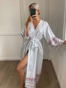 DAZY 几何花卉复古印花女式睡袍，秋季睡衣 - 白色 - 查看 4