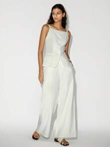 Lumivelle 女士亚麻吊带背心，方领，正面纽扣，弧形下摆，夏季 - 白色 - 查看 3