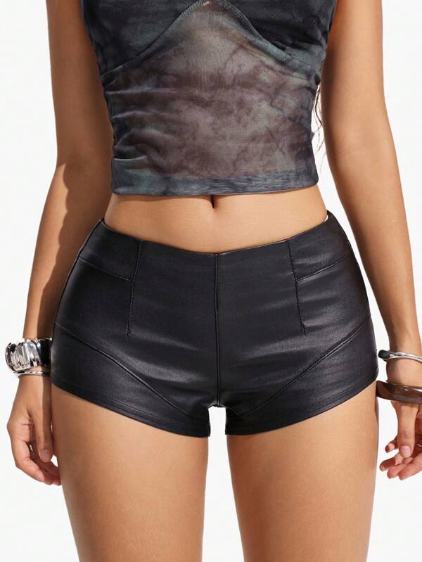 Jeanoix Women Solid Color PU Leather Skinny Shorts Y2k Black Leather Shorts Y2k