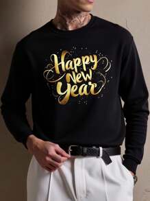 Manfinity Dauomo Men Hello 2025 Happy New Year Sweatshirt, Cute New Year Party Sweatshirt, Winter Retro Sweatshirt, New Year 2025 Sweatshirt, New Year Gift, For Autumn/Winter, Gift For Him, Holiday Sweatshirt, Fashion Now, Fashion, Aesthetic Sweatshirt, Siblings Gift, Funny Sweatshirt - Black - View 1