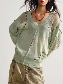 Bohemela 复古镂空刺绣落肩宽松针织毛衣西部复古乡村风度假夏/秋季绿色毛衣针织上衣毛衣上衣针织毛衣夏季毛衣秋季上衣 - 綠色 - 查看 4