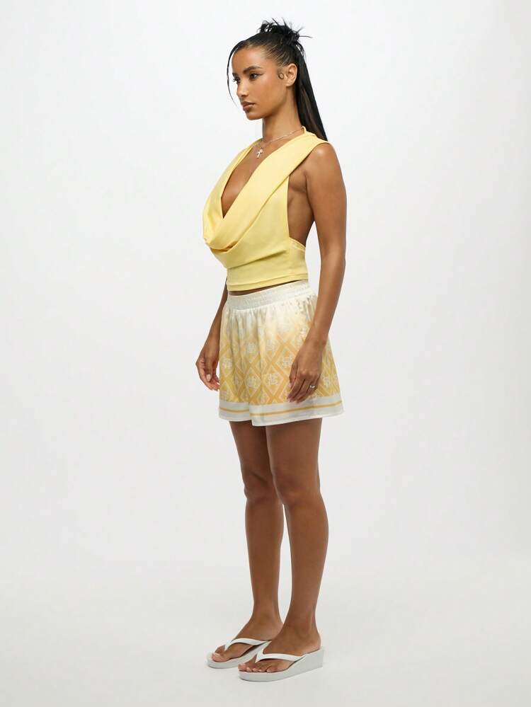 SUMWON WOMEN Comfortable Wide Leg Elastic Waist Geometric Pattern Shorts