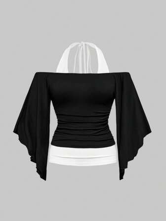 Hippie Camiseta de mujer vintage con hombros descubiertos, cintura fruncida, mangas acampanadas y de murciélago, 2 en 1