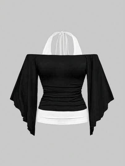 Hippie Vintage T-shirt 2 en 1 pour femmes avec épaules dénudées, taille froncée, manches évasées et manches chauve-souris