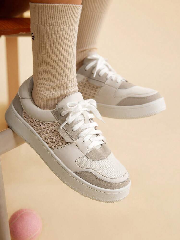 CUCCOO EASI Women's Shoes Patchwork Design Round Toe Thick Sole Casual Sneakers, Fashionable Minimalist Everyday Casual Khaki PU Leather Platform Shoes