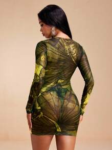 JIAN LASALA Tropical Floral Printed Transparent Mesh Turtleneck Mini Sexy Dress Women Summer Vacation Sheer Dress Mesh Dress See Through Dress Green Mesh Dress Printed Mesh Dress Mesh Dresses For Women Sheer Dresses Ankara Dress Resort Wear Flowy Dress Vintage Homecoming Formal Dress Going Out Fall Women Clothes Festival Outfits Business Casual Women Fall Clothes Wedding Guest Dress Women