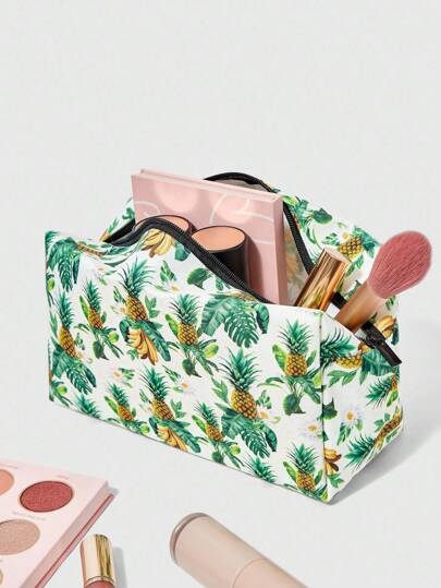 The White Lotus 1pc Pineapple & Banana Tropical Fruit Print Large Capacity Cosmetic Bag