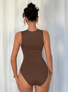 Rafferiza Elegant Sexy Fashion Black Crew Neck Sleeveless Fitted Asymmetric Geometric Mesh Panel Bodysuit For Women, Spring/Summer