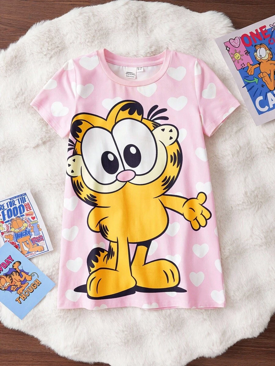 GARFIELD | SHEIN 少女可爱心形卡通图案粉色甜美童趣阻燃夏季短袖睡衣裙 - 彩色 - 查看 1