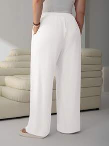 Solflare 大码女式纯色抽绳腰阔腿休闲白色裤子，春夏季，返校季 - 白色 - 查看 3