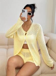 2pcs/Set Women Solid Color Hollow Out Knit Cardigan And Shorts Vacation Casual Suit - Yellow - View 4