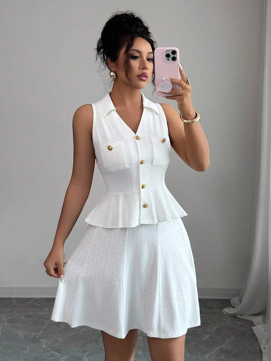 Elenzga 2pcs Women Casual French V-Neck Diamond Button Ruffle Flare Sleeve Fitted Knit Top & Skirt Set