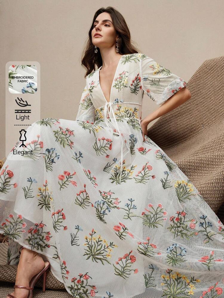 Women Elegant Colorful Hollow Embroidered V-Neck Puff Sleeve Cinching Waist-Up Long Dress