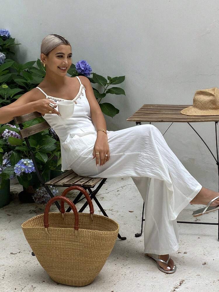 Women's Bohemia Style Beaded Decorated Camisole Top And Loose Casual Palazzo Pants 2 Pieces Vacation Outfit