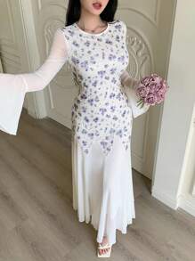 Modelyn Robe évasée à manches évasées avec bordure en dentelle à imprimé floral, coupe ajustée pour femme, printemps/été - Prune - Voir 4