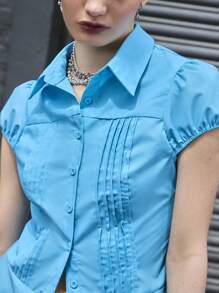 COUREZ 修身褶裥衬衫 / 女士夏季穿搭 Y2K 街头风可爱复古夏季上衣 - 寶藍色 - 查看 5