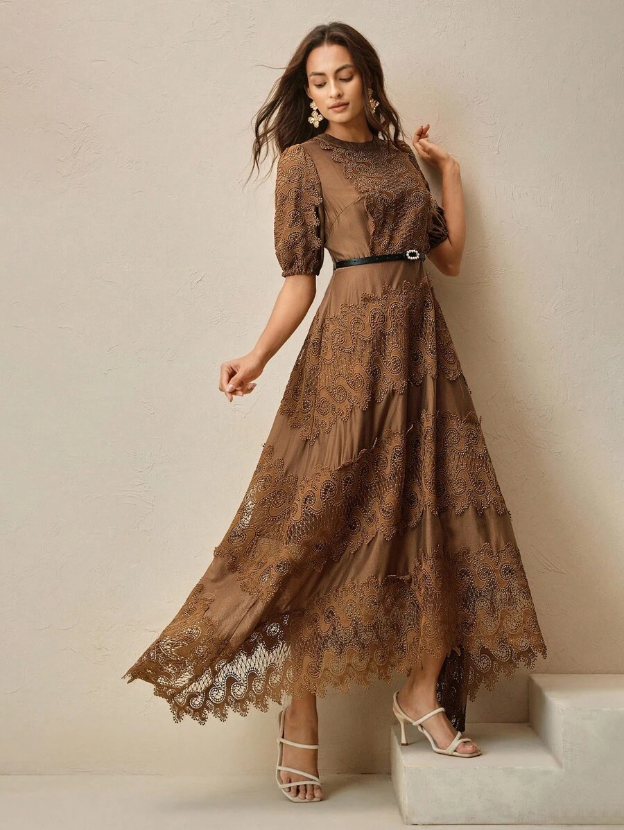 Vestido elegante de mujer Anewsta con cuello redondo y parche de encaje - Marrón - Ver 1