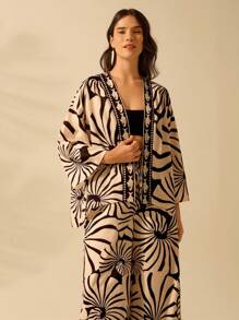 CAJUNI 女士波西米亚风印花、假日休闲夏季热带海滩灯笼袖短款和服罩衫 - 彩色 - 查看 3