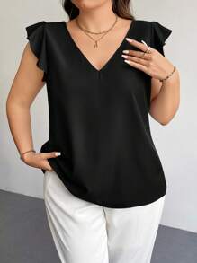 Firerie Plus Summer Simple Solid Ruffle Trim Blouse Spring - Black - View 6