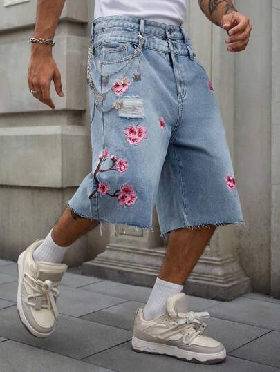 Street Life Pantalones cortos vaqueros para hombre con doble cintura y bordado floral