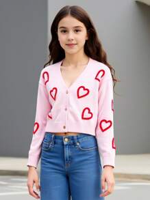 SHEIN Tween Girls' Pink Short Soft Cardigan, Heart Pattern, Suitable For Outdoor Wear, Autumn/Winter - Pink - View 7
