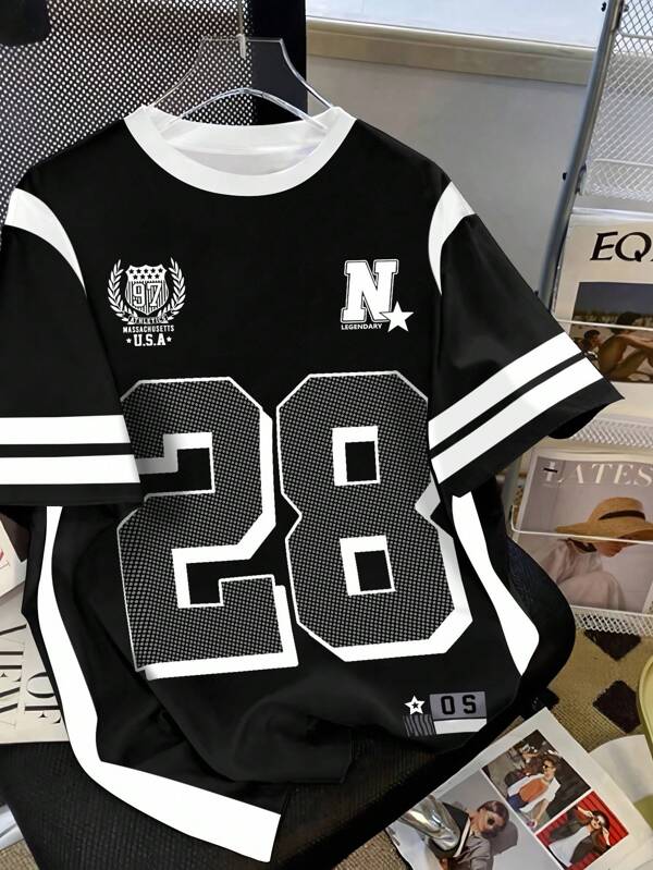 Manfinity Dauomo American Simple Casual Street Sense Retro Polka Dot Number Combination Letters Sports College Style Men's T-Shirt