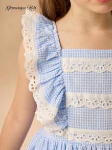 Abito stile principessa a quadri per bambina e ragazza come damigella, con maniche a palloncino, blu, adatto per feste di compleanno, matrimoni, vacanze, tutto l'anno