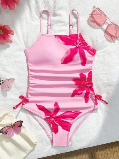 SHEIN Tween Girls Tankini Swimsuit With Floral Print, Drawstring, Bow Design, Adjustable Shoulder Straps, Sweet & Elegant For Vacation, Beach, Pool, Surfing Pink Swimsuit Flower Swimsuit Pink Floral Swimsuit Bathing Suits Pink
