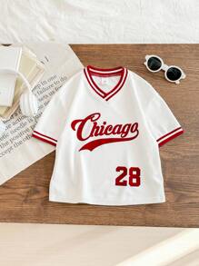 SHEIN Young Boy Loose Fit V-Neck Letter Printed T-Shirt, Suitable For Daily Wear, School, Travel, Sports, Spring/Summer Baseball Shirt Boy Kids Baseball Jersey
