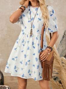 LanaWest Women's Vintage Loose Short Sleeve Embroidered Floral Print White Short Beach Holiday Dress, Summer