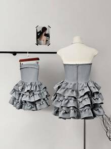 Glamine Vestido mini gris sin tirantes con cintura fruncida y capas - Gris - Ver 2