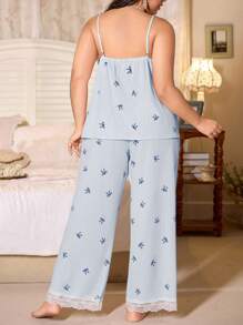 CottageSlumber 3pcs Plus Size Lace Patchwork Striped Bow Print Spaghetti Strap Top & Robe And Pants Bountiful Floral Splendor Cozy And Elegant Details, Fall & Winter Clothes Outfits - Blue - View 5