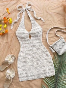 Soleia 女式荷叶边露背镂空挂脖迷你连衣裙，性感派对、婚礼、约会、下午茶、街头城市度假、音乐节、海滩、夏季服装、波西米亚度假 - 米色 - 查看 5