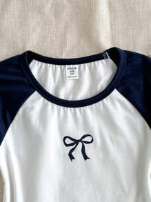 SHEIN Tween Girls Colorblock Bow Print Knitted Crop Top, Casual Everyday Fashion Versatile Teen Girl Clothes Tween Clothes Cute Preppy Tops Girls Casual Printed Crew Neck Short Sleeve T Shirt Cute Preppy Tops For Summer Baby Tee Girls Tshirt With Bow Tween Summer Clothes - White - View 6