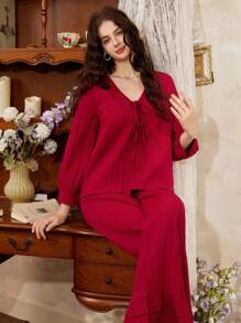 法国南部优雅领带蝴蝶结宽松休闲女士家居服套装，圣诞节 - 酒紅色 - 查看 5