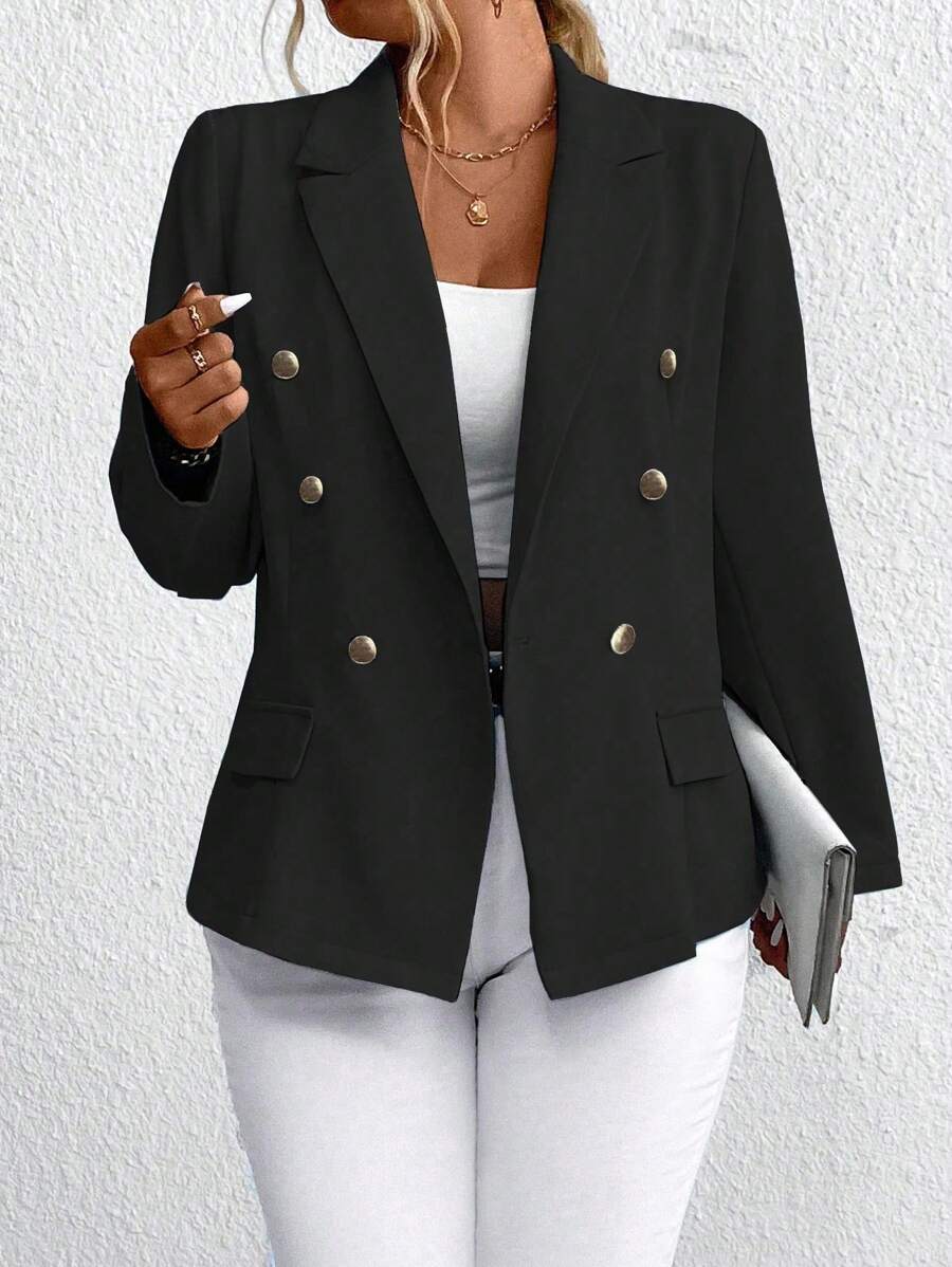 SHEIN LUNE Áo khoác blazer dài tay màu trơn cỡ lớn có 2 hàng khuy thanh lịch - màu đen - Xem 1
