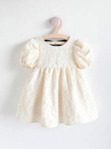 SHEIN Young Girl Solid Color Round Neck Puff Sleeve Casual Dress,Kids - White - View 4