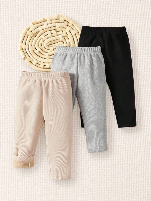 SHEIN Playful Pals 3pcs/Set Baby Girl Solid Color Warm Knitted Leggings, Casual Daily Wear, Autumn/Winter
