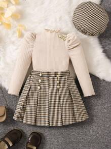 SHEIN Young Girl 3Pcs Sets Casual & Comfortable Knitted Gigot Sleeve Golden Buttons Tee & Gingham Print Skirts & Beret/Hats Outfit,Great For Casual & Daily Wear & School Daily In Summer & Autumn